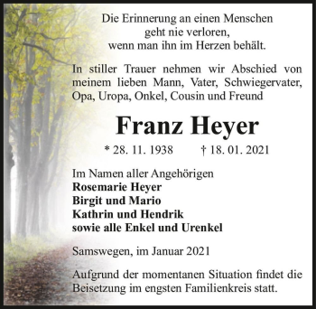 Traueranzeige von Franz Heyer  von Magdeburger Volksstimme