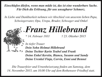 Traueranzeige von Franz Hillebrand  von Magdeburger Volksstimme