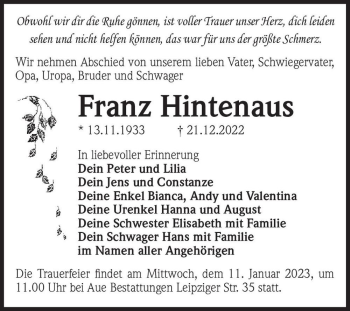 Traueranzeige von Franz Hintenaus  von Magdeburger Volksstimme