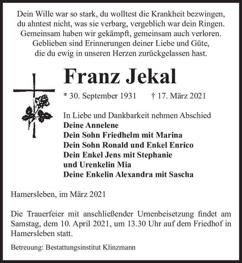  Traueranzeige für Franz Jekal  vom 24.03.2021 aus Magdeburger Volksstimme