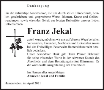 Traueranzeige von Franz Jekal  von Magdeburger Volksstimme