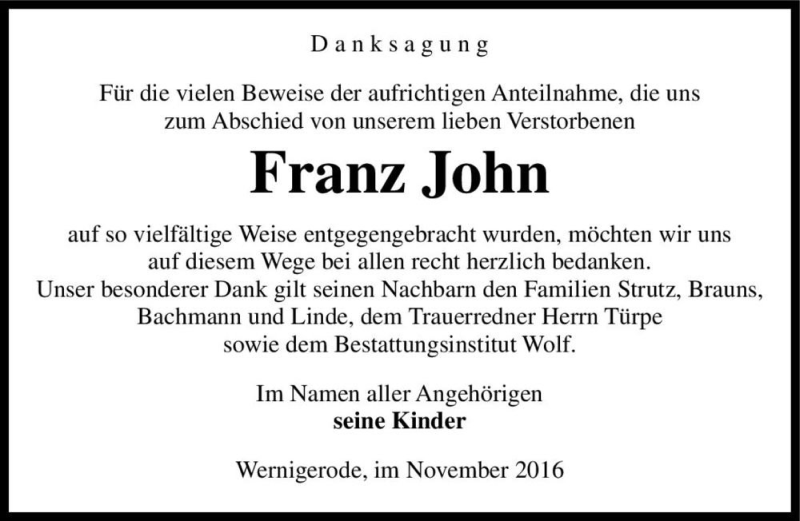  Traueranzeige für Franz John  vom 05.11.2016 aus Magdeburger Volksstimme