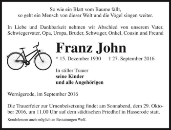 Traueranzeige von Franz John  von Magdeburger Volksstimme