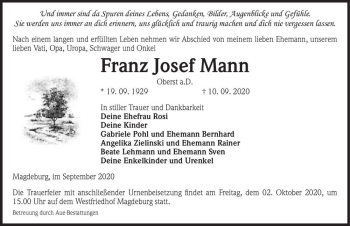 Traueranzeige von Franz Josef Mann  von Magdeburger Volksstimme