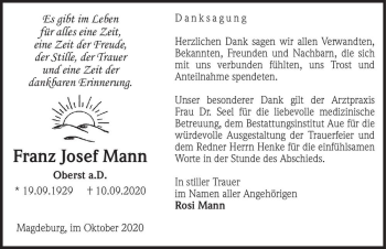 Traueranzeige von Franz Josef Mann  von Magdeburger Volksstimme