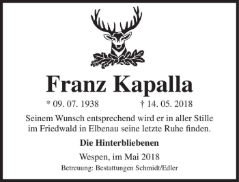 Traueranzeige von Franz Kapalla  von Magdeburger Volksstimme