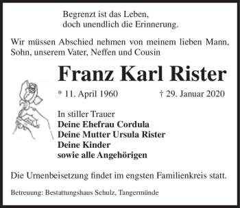 Traueranzeige von Franz Karl Rister  von Magdeburger Volksstimme