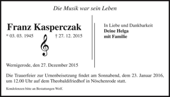 Traueranzeige von Franz Kasperczak  von Magdeburger Volksstimme