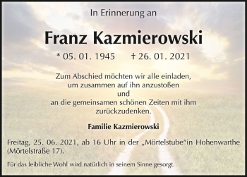 Traueranzeige von Franz Kazmierowski  von Magdeburger Volksstimme