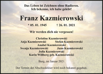 Traueranzeige von Franz Kazmierowski  von Magdeburger Volksstimme