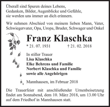 Traueranzeige von Franz Klaschka  von Magdeburger Volksstimme