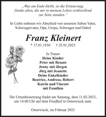 Traueranzeige von Franz Kleinert  von Magdeburger Volksstimme