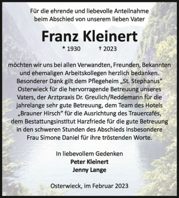 Traueranzeige von Franz Kleinert  von Magdeburger Volksstimme