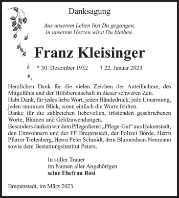 Traueranzeige von Franz Kleisinger  von Magdeburger Volksstimme