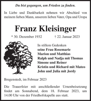 Traueranzeige von Franz Kleisinger  von Magdeburger Volksstimme