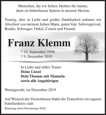 Traueranzeige von Franz Klemm  von Magdeburger Volksstimme