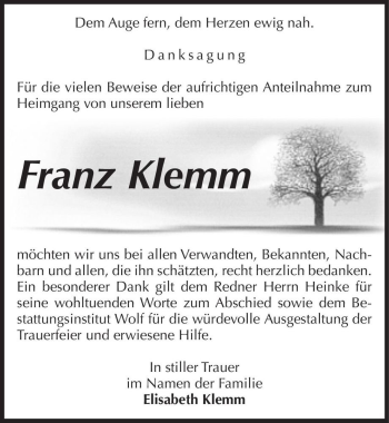 Traueranzeige von Franz Klemm  von Magdeburger Volksstimme
