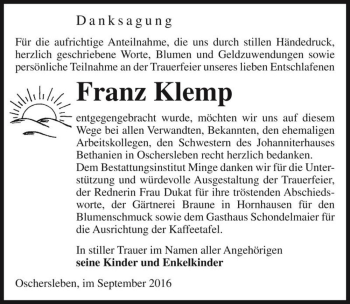 Traueranzeige von Franz Klemp  von Magdeburger Volksstimme
