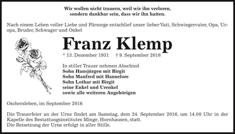  Traueranzeige für Franz Klemp  vom 17.09.2016 aus Magdeburger Volksstimme