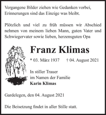 Traueranzeige von Franz Klimas  von Magdeburger Volksstimme