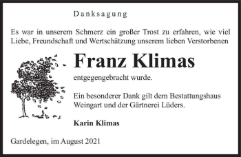 Traueranzeige von Franz Klimas  von Magdeburger Volksstimme