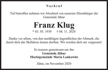 Traueranzeige von Franz Klug  von Magdeburger Volksstimme