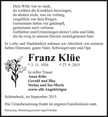 Traueranzeige von Franz Klüe  von Magdeburger Volksstimme