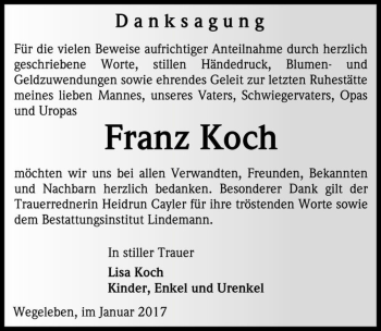 Traueranzeige von Franz Koch  von Magdeburger Volksstimme