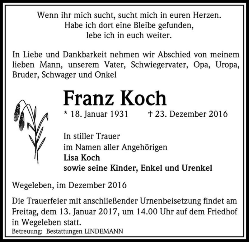  Traueranzeige für Franz Koch  vom 31.12.2016 aus Magdeburger Volksstimme