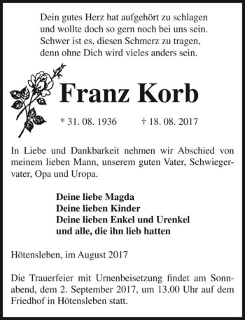 Traueranzeige von Franz Korb  von Magdeburger Volksstimme