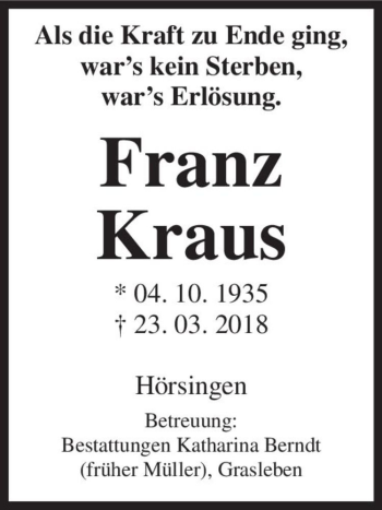 Traueranzeige von Franz Kraus  von Magdeburger Volksstimme