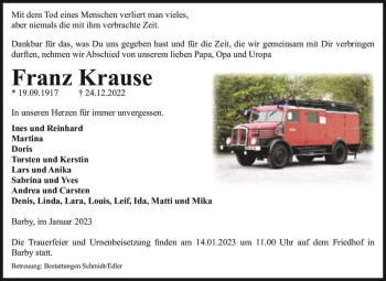 Traueranzeige von Franz Krause  von Magdeburger Volksstimme