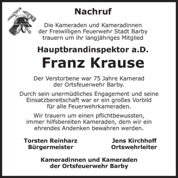 Traueranzeige von Franz Krause  von Magdeburger Volksstimme