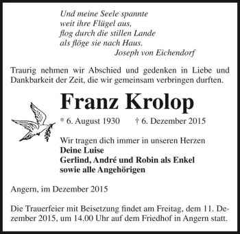 Traueranzeige von Franz Krolop  von Magdeburger Volksstimme
