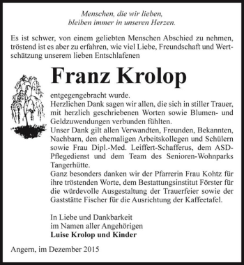 Traueranzeige von Franz Krolop  von Magdeburger Volksstimme
