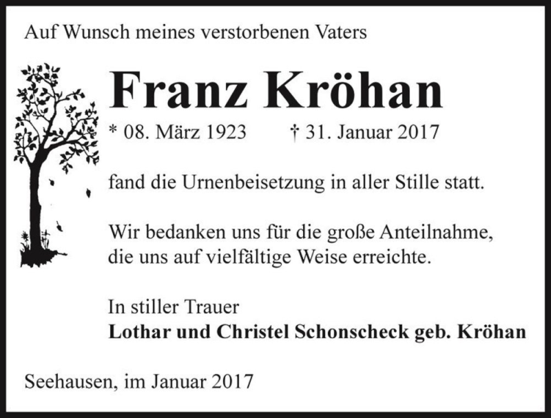  Traueranzeige für Franz Kröhan  vom 21.02.2017 aus Magdeburger Volksstimme