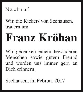 Traueranzeige von Franz Kröhan  von Magdeburger Volksstimme