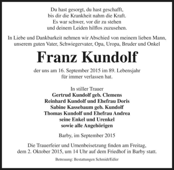 Traueranzeige von Franz Kundolf  von Magdeburger Volksstimme