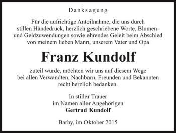 Traueranzeige von Franz Kundolf  von Magdeburger Volksstimme
