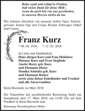 Traueranzeige von Franz Kurz  von Magdeburger Volksstimme