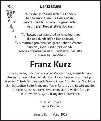 Traueranzeige von Franz Kurz  von Magdeburger Volksstimme