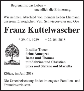 Traueranzeige von Franz Kuttelwascher  von Magdeburger Volksstimme