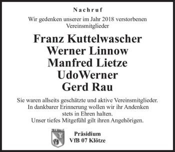 Traueranzeige von Franz Kuttelwascher  von Magdeburger Volksstimme