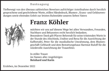 Traueranzeige von Franz Köhler  von Magdeburger Volksstimme