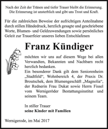 Traueranzeige von Franz Kündiger  von Magdeburger Volksstimme