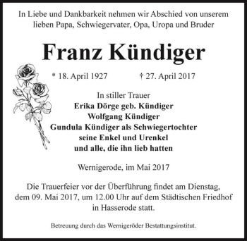 Traueranzeige von Franz Kündiger  von Magdeburger Volksstimme