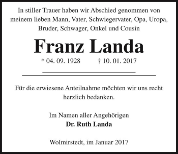 Traueranzeige von Franz Landa  von Magdeburger Volksstimme