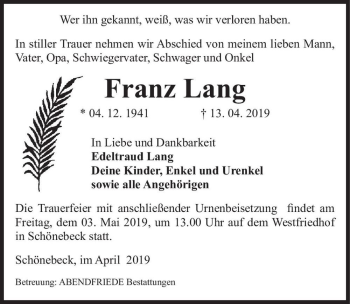 Traueranzeige von Franz Lang  von Magdeburger Volksstimme