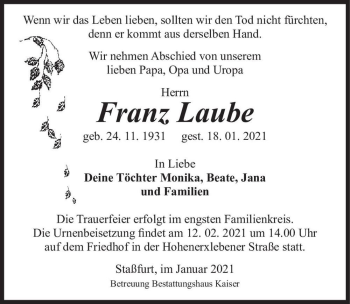 Traueranzeige von Franz Laube  von Magdeburger Volksstimme