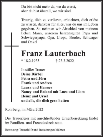 Traueranzeige von Franz Lauterbach  von Magdeburger Volksstimme